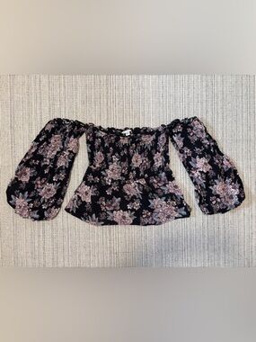 American Eagle Floral Off-Shoulder Shirred Balloon Sleeve Crop Top Size Small